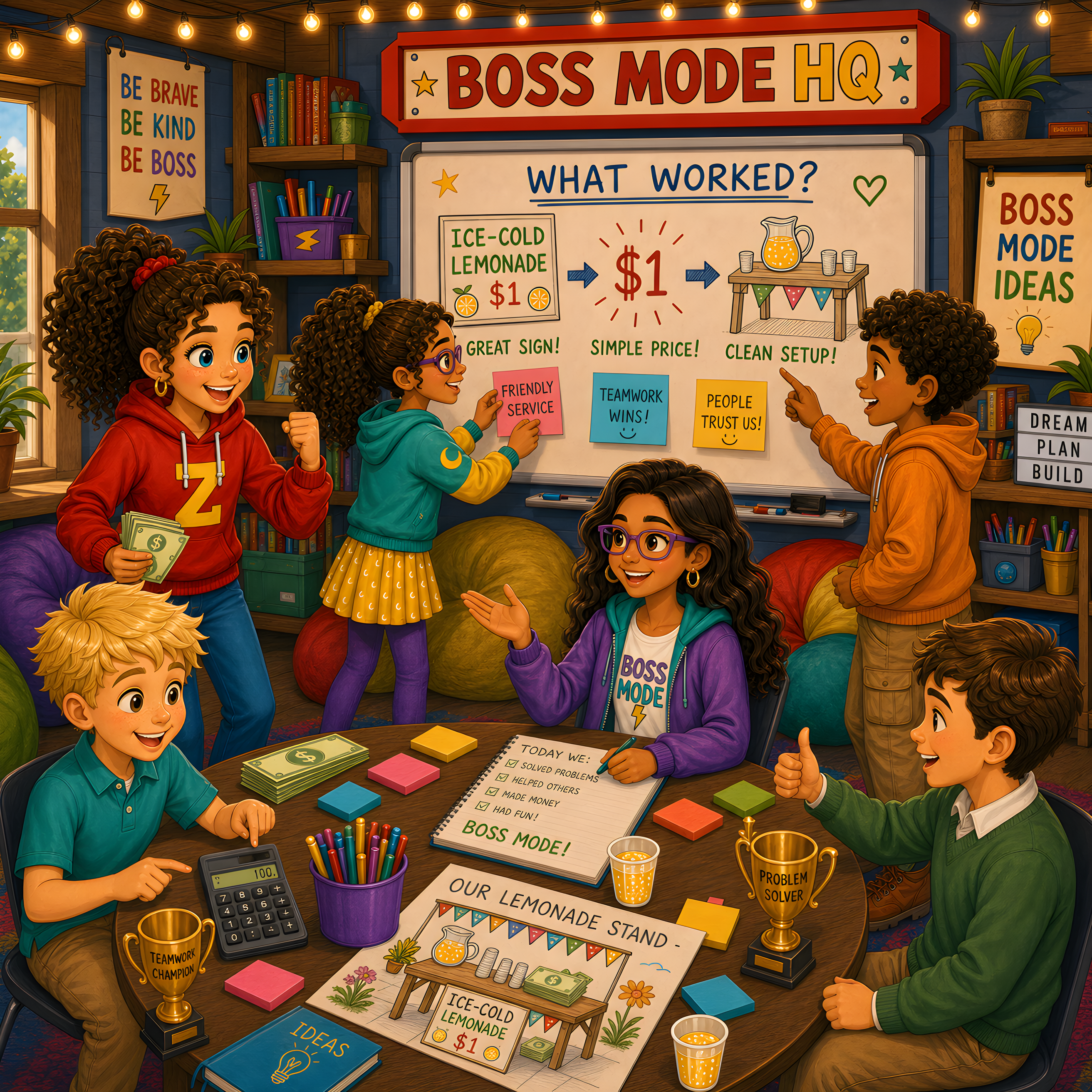 The Boss Mode Kids working together inside their colorful clubhouse